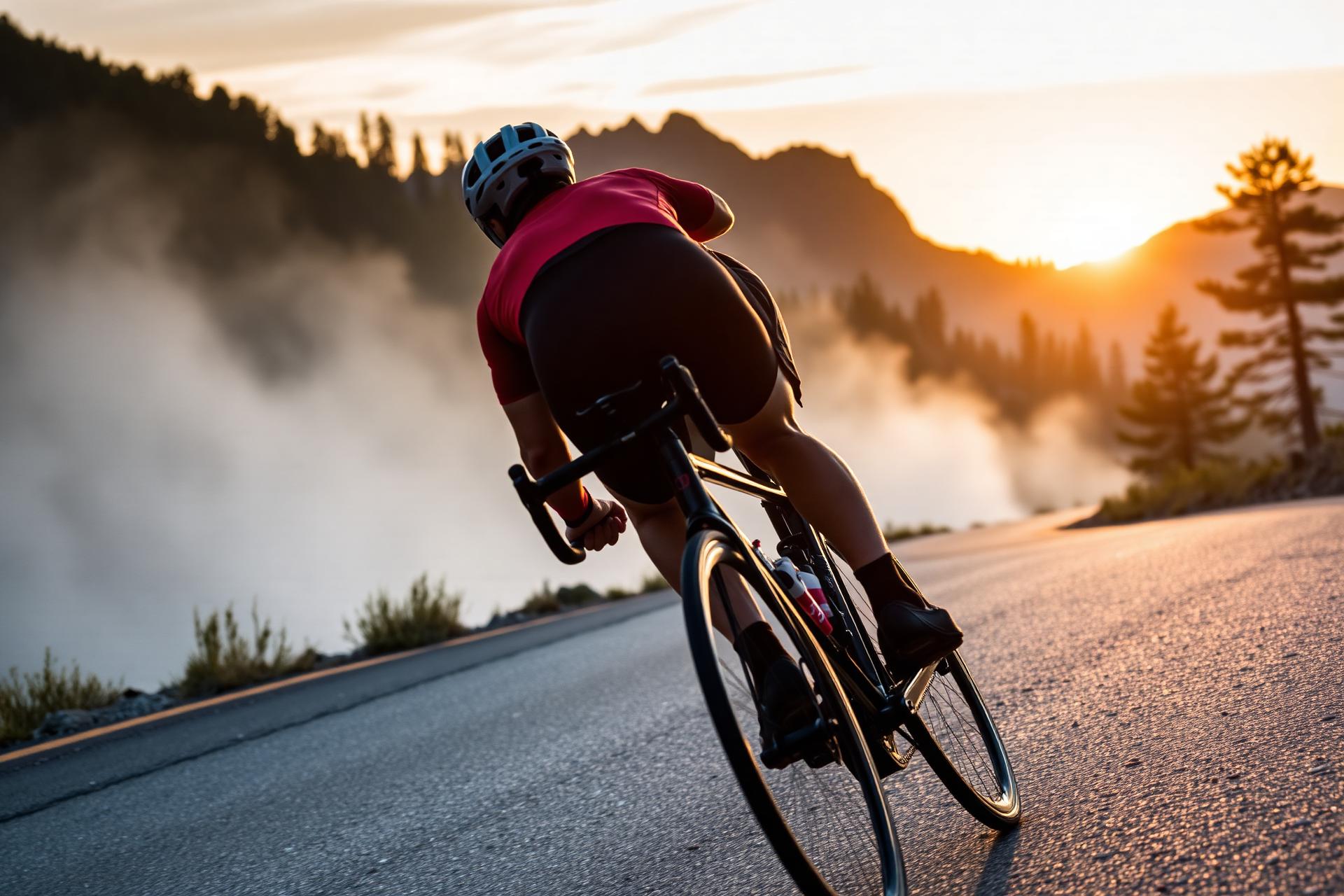 Ciclista subiendo un puerto de montaña al amanecer